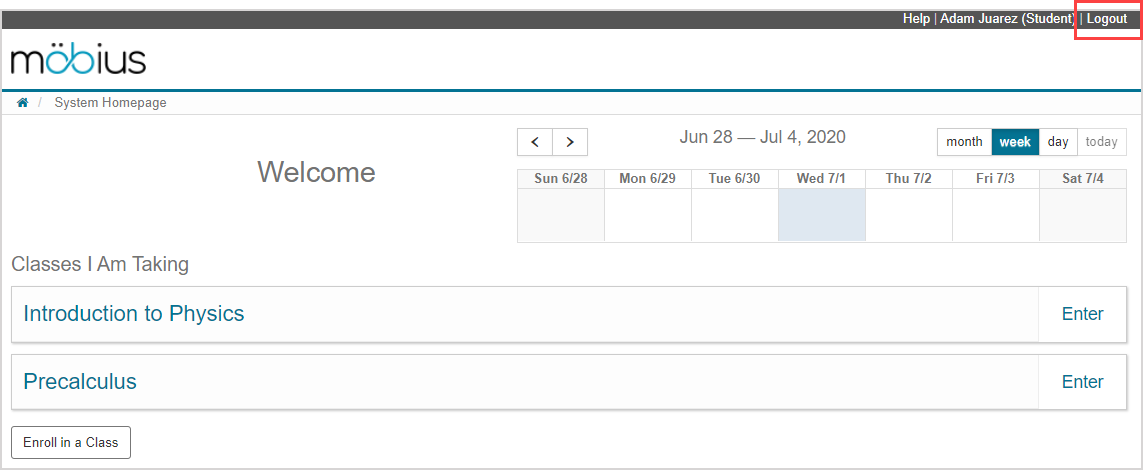 The Logout link is the link after your name in the Möbius navigation bar.